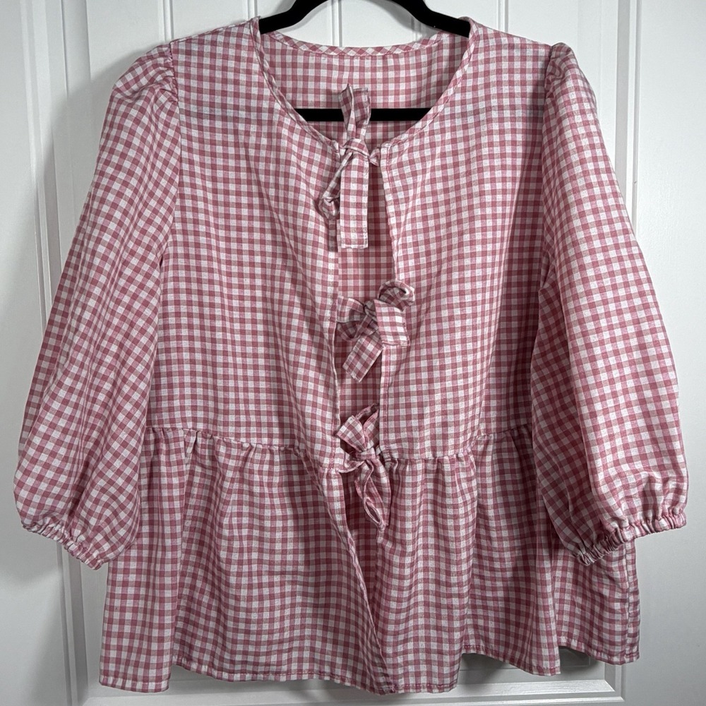 SHEIN Pink Gingham‎ Tie Front Babydoll Blouse Puff Sleeve Cottagecore XL